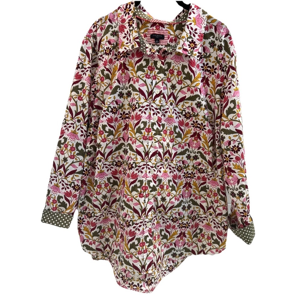 Talbots Button Up Shirt 2X Pink Green Floral Flip Cuff Long Sleeve 100% Cotton